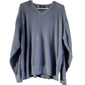 Vintage Pendleton Cable Knit Sweater 80s Pullover V Neck Rib 100% Cotton Blue M